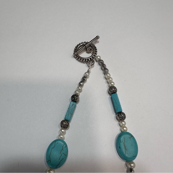 Turquoise Cross Statement Necklace Pearl & Faux Pearl Beaded Artisan Made - Picture 12 of 14